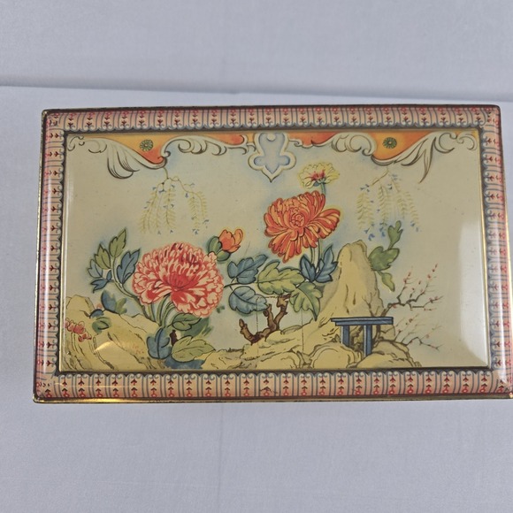 Vintage English Floral Tin Box Chinoiserie Garden Scene Hinged Metal Container - Picture 3 of 11